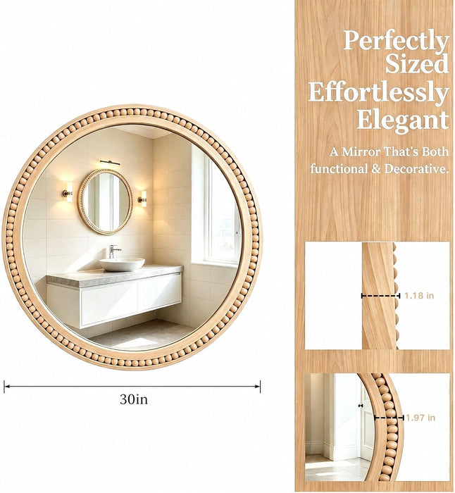 30 Inch round Wall Mirror with Beaded Solid Wood Frame, Decorative Wall Mirror with Tempered Glass, Farmhouse Home Decor for Bathroom, Living Room, Entryway, Natural Wood