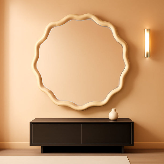 Circle Wood Mirrors for Wall, Wavy round Bathroom Scalloped Mirror Wooden Frame 24 Inch for Living Room Farmhouse Bedroom Hallway Entryway Living Room with Shatterproof Glass Wall Mounted