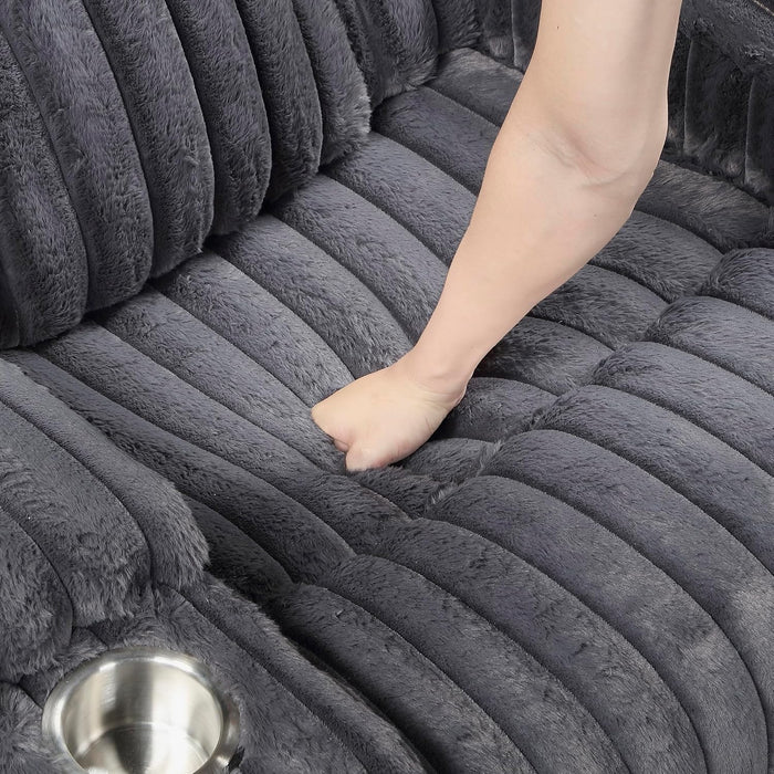 Manual Double Reclining Sofa, Corduroy Wall Hugger Manual 3 Seater Recliner Couch, Padded Armrests, Cup Holders for Living Room, Home Theater, Easy Assembly, Dark Gray