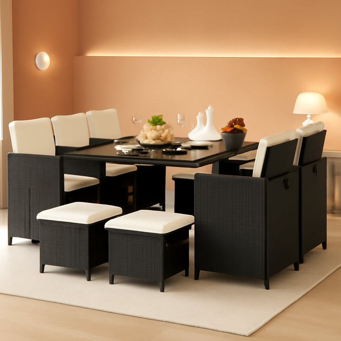 11 Pieces Patio Dining Set, Space-Saving Wicker Chairs & Tempered Glass Table with Ottomans, Thick Soft Cushions, Outdoor Conversation Furniture Set for Garden Yard Poolside