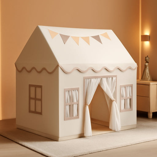 Large Kids Tent Playhouse Base Fabric with Star Lights, Flags and Tote Bags, Kids Play Tent Indoor & Outdoor, Washable Teepee Tent for Boys & Girls, Play House for Toddler, Neutral Color