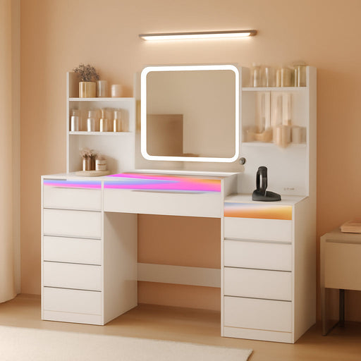 Vanity Desk with Mirror and Lights 3 Colors,White Makeup Vanity Table with Glass Top,10 RGB Drawers,4 Shelves and 5 Hooks,Dressing Table with Power Outlet & Nightstand for Bedroom FST70W