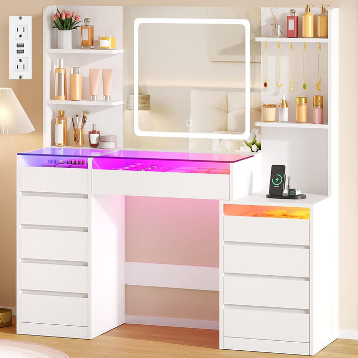 Vanity Desk with Mirror and Lights 3 Colors,White Makeup Vanity Table with Glass Top,10 RGB Drawers,4 Shelves and 5 Hooks,Dressing Table with Power Outlet & Nightstand for Bedroom FST70W