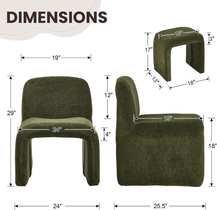 Green Chenille Upholstered Accent Chair with Ottoman Set, Modern Armless Chair Side Chairs for Living Room, Bedroom, Small Space, Reception Room, No Assembly Required