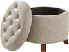 round Linen Ottoman with Storage, Tufted Upholstered Footstool for Living Room and Bedroom, 20" X 17", Linen Burlap Beige