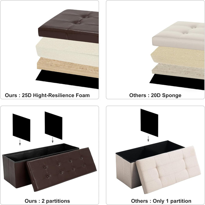 43 Inches Folding Storage Ottoman Bench, PU Leather Storage Chest, Footrest Padded Seat for Bedroom and Hallway, Holds up to 660 Lbs, Brown