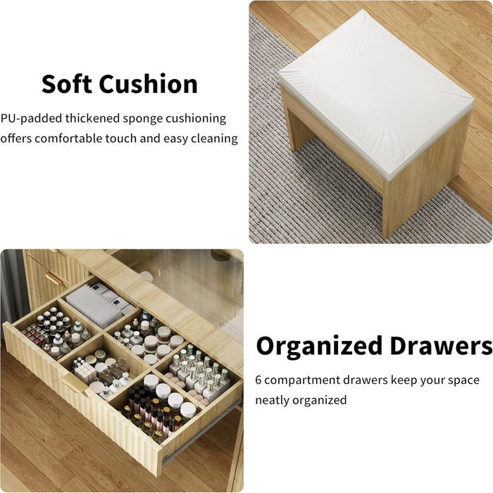 Vanity Desk with Glass Top and 11 LED Bulbs,Makeup Table with Large Mirror & Power Outlet,Hair Dryer Holder,Dressing Table with 11 Drawers & Cushioned Stool for Women and Girls,Bedroom (Natural Oak)