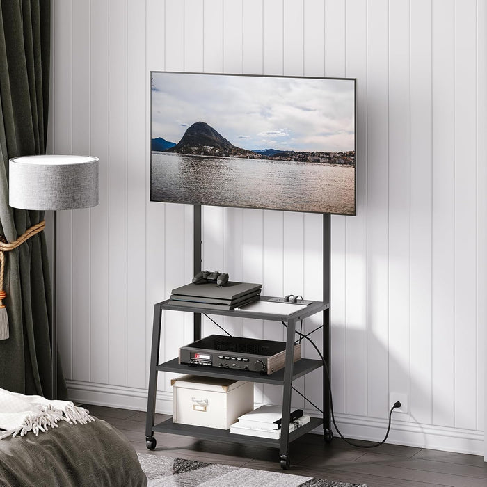 Rolling TV Stand with Mount and Power Outlet up to 55 Inch Tvs, Corner Entertainment Center, Small TV Stand with 3-Tier Storage Shelves for Living Room, Bedroom, Black BB66UDS01