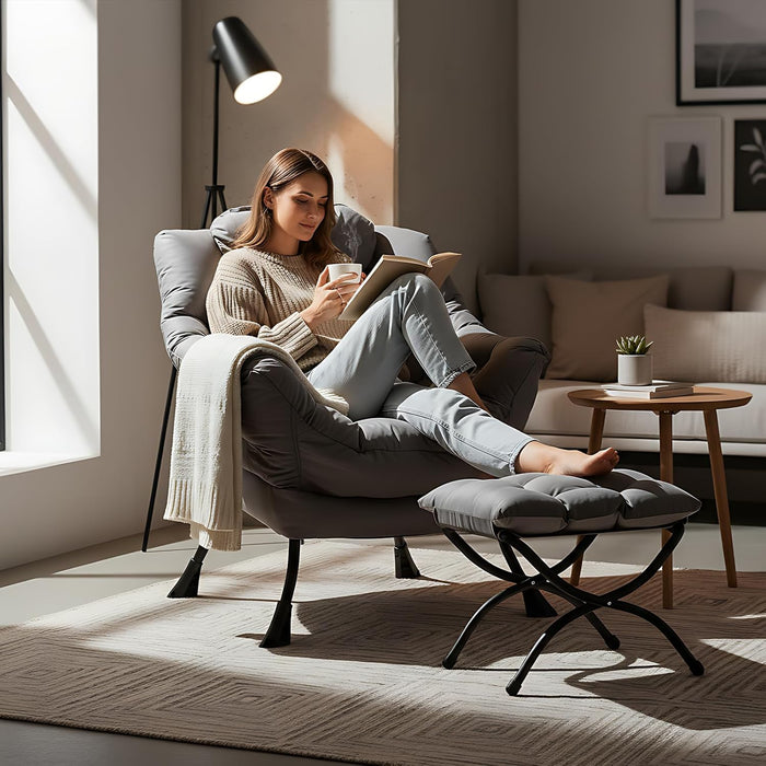 Lazy Chair with Ottoman, Modern Lounge Accent Chair with Armrests and a Side Pocket, Leisure Sofa Armchair, Reading Armchair with Footrest for Small Space, Dark Grey