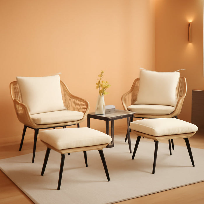 5 Piece Patio Bistro Set with Ottoman, Outdoor Wicker Apartment Balcony Furniture Sets, Rattan Table and Chairs Set of 2 for Porch Backyard Lawn Poolside Deck (Yellow/Beige)