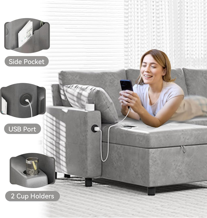 Charcoal Gray Sleeper Sofa With ReversibleStorage Chaise