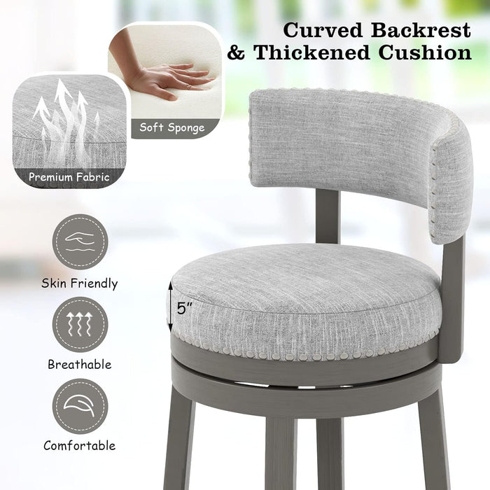 Bar Stools Set of 2, 31-Inch 360° Swivel Barstool with Upholstered Back & Seat, Solid Rubber Wood Legs & round Footrest, Farmhouse Bar Height Chair for Home, Bar, Grey (2, Seat Height 31‘’)