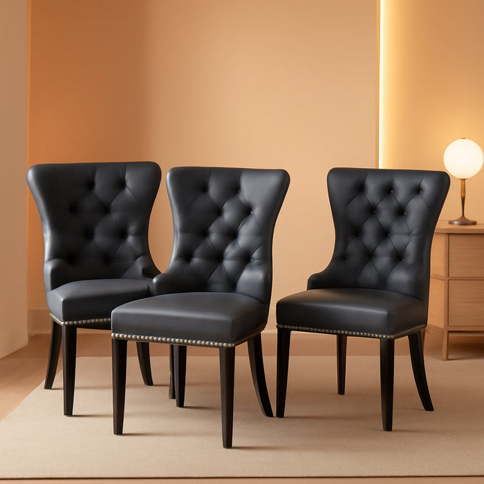Leather Dining Chairs Set of 4, Upholstered Dining Chair with Nailhead Trim and Solid Wood Legs, Luxury Wingback Dining Side Chair for Living Room, Bedroom, Kitchen (Black)
