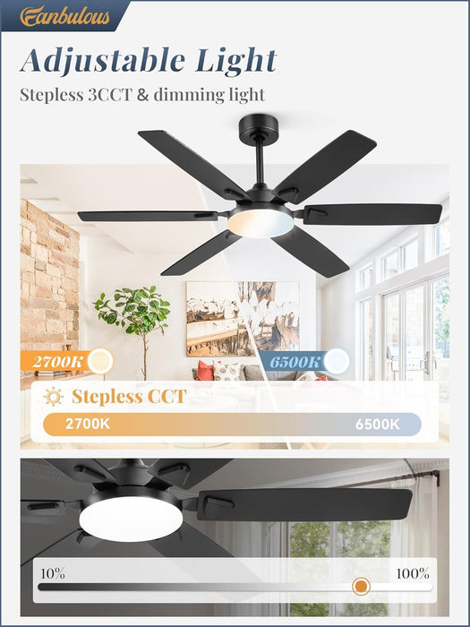 52 Inch Ceiling Fans with Lights, Indoor/Outdoor Modern Ceiling Fan with Reversible Blade and 2 Rods, Quiet DC Motor, 3CCT & 6-Speed Remote Control, Dual Finish Blade for Living Room/Bedroom