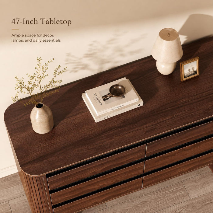 Fluted 6 Drawer Dresser for Bedroom, 47W X 31H, Modern Walnut Brown