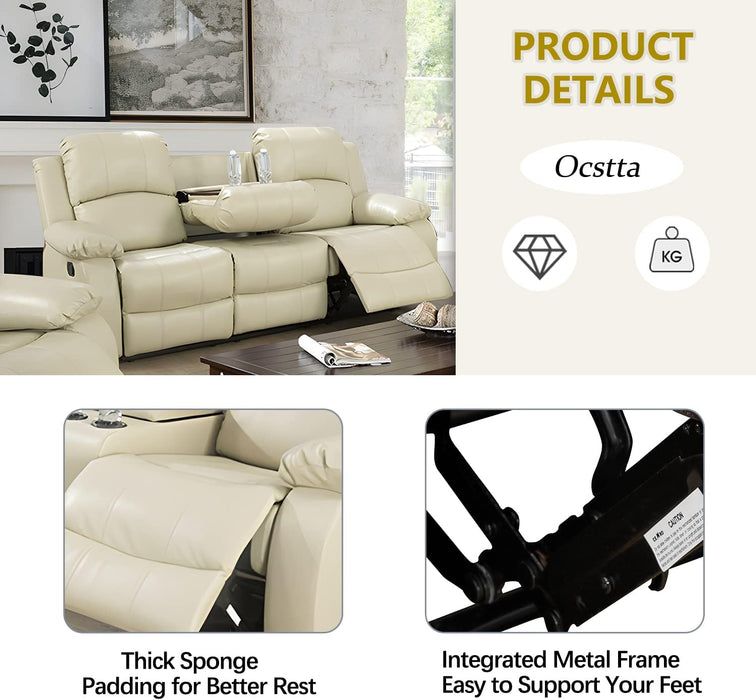 Manual Leather Sofa Recliner Set for Living Room Furniture Set,Leather Recliner Couch Set for Home/Office,Leather Reclining Sofa Set for 3-Pieces(Sofa+Loveseat+Chair) Beige