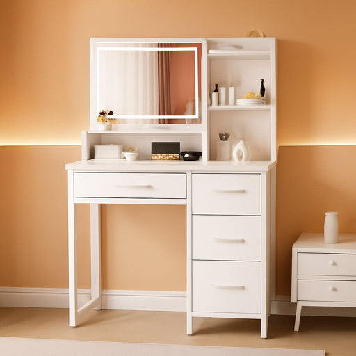 White Vanity Table With Illuminated Mirror Drawers