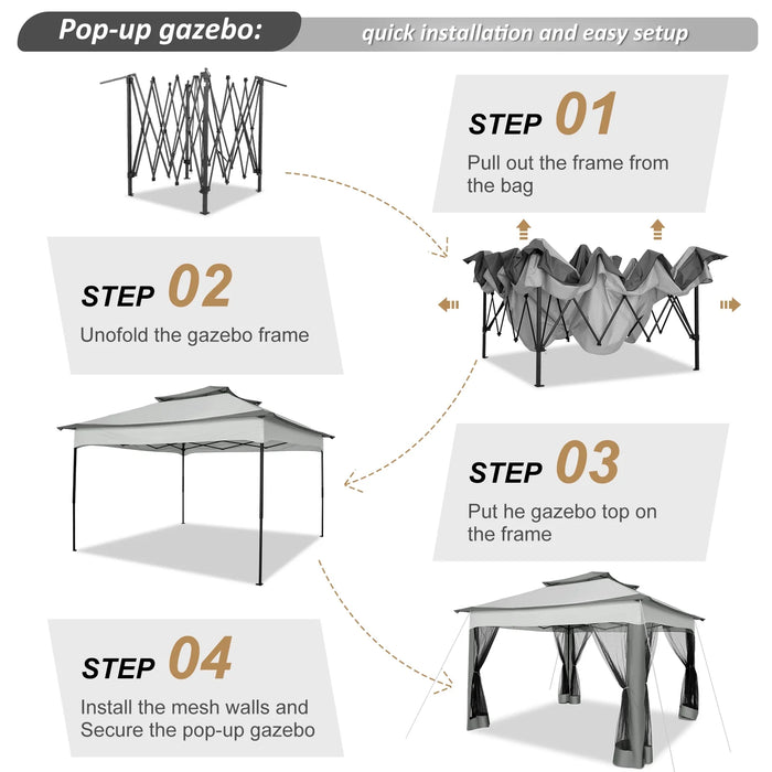 11 X 11 Ft Outdoor Patio Gazebo with Ventilated Double Roof and Mosquito Net, Pop up Steel Canopy for Patios, Backyard, Garden and Beach