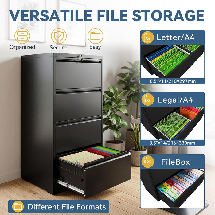 4 Drawer File Cabinet with Lock, Black Metal Lateral Filing Cabinet