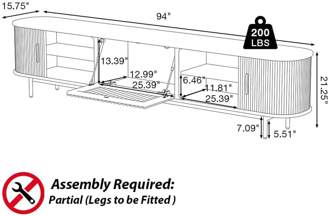 Fully-Assembled Mid Century Modern Black TV Stand with White Matte Travertine Stone Tabletop & LED Lights, Rolling Door Media Console, Wood TV Console for Living Room