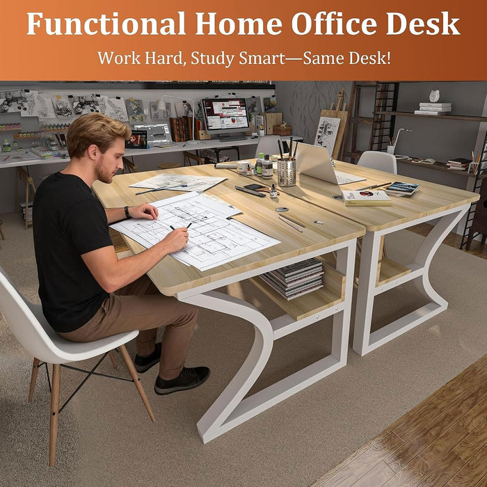 47'' Computer Desk Home Office Desk, Modern Computer Desk W/U Shaped Metal Frame, Storage Shelves, PC Table Study Writing Desk Workstation for Home Office (55Inch/Light Walnut Color)