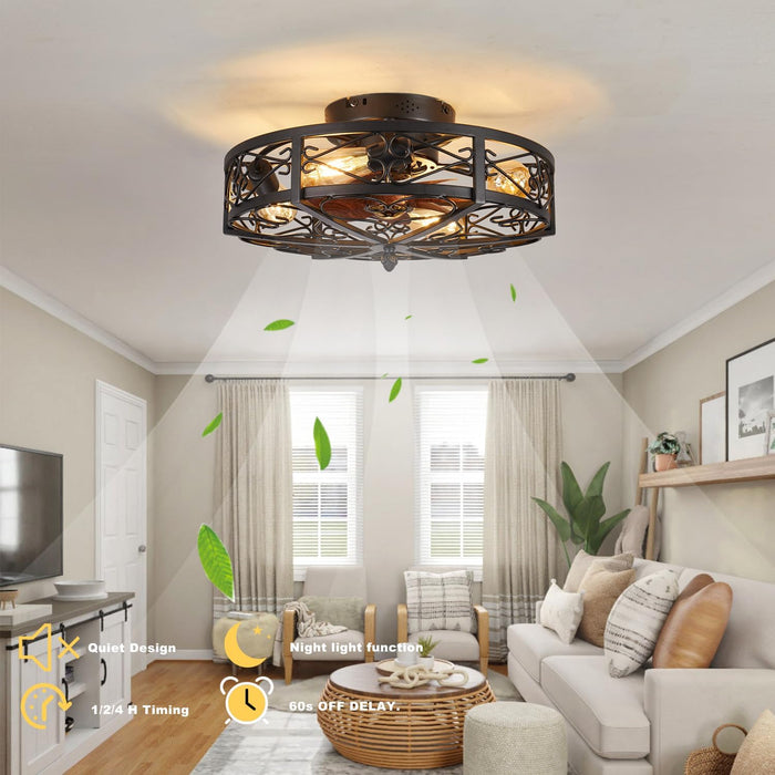 20" Caged Farmhouse Flush Mount Ceiling Fan with Light and Remote Control Bladeless Low Profile Ceiling Fans with Lights Enclosed Vintage Fan 6 Speed Reversible for Kitchen, Bedroom