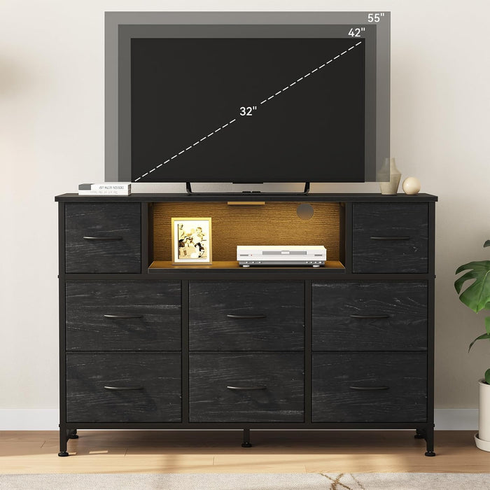 LED Entertainment Center, TV Stand Dresser with Charging Station