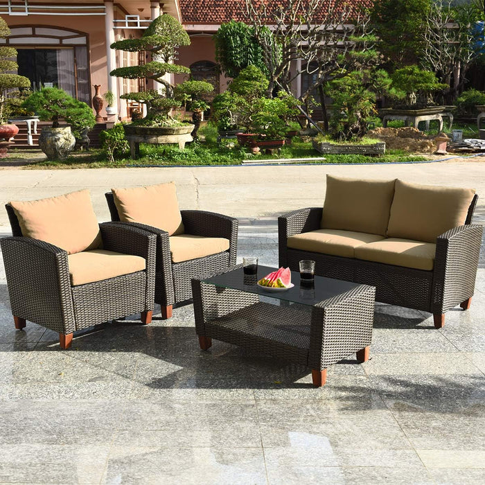 4 Piece Patio Rattan Furniture Set, Onesize, Beige