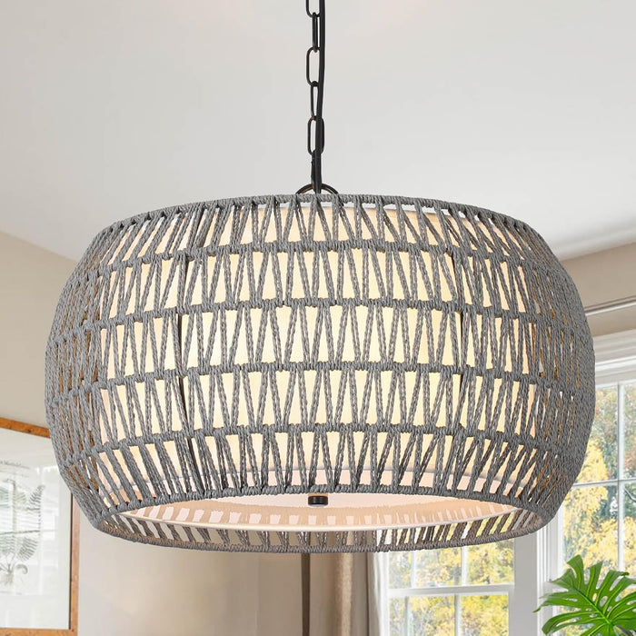 Farmhouse Chandelier Light Fixtures，5-Lights Rattan Dining Room Light Fixture,Woven Boho Chandeliers for Dining Room with Fabric Shade,Rustic Chandeliers Hanging Light Fixtures for Kitchen Island-Grey