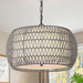 Farmhouse Chandelier Light Fixtures，5-Lights Rattan Dining Room Light Fixture,Woven Boho Chandeliers for Dining Room with Fabric Shade,Rustic Chandeliers Hanging Light Fixtures for Kitchen Island-Grey