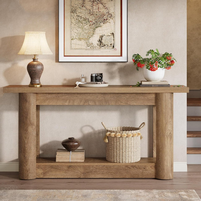 63-Inch Farmhouse Console Table, 2-Tier Storage Sofa Table behind the Couch, Narrow Long Entryway Furniture for Home Hallway, Entrance, Living Room, Brown