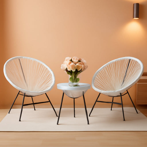 Acapulco Patio Bistro Set 3-Piece Outdoor Furniture Set All-Weather Woven Rope Patio Conversation Set with Glass Top Table and 2 Chairs (White)