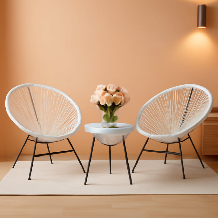 Acapulco Patio Bistro Set 3-Piece Outdoor Furniture Set All-Weather Woven Rope Patio Conversation Set with Glass Top Table and 2 Chairs (White)