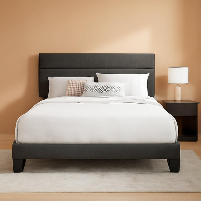 Full Platform Bed Frame with Upholstered Fabric Headboard, Mattress Foundation with Strong Wooden Slats Support, No Box Spring Needed, Grey