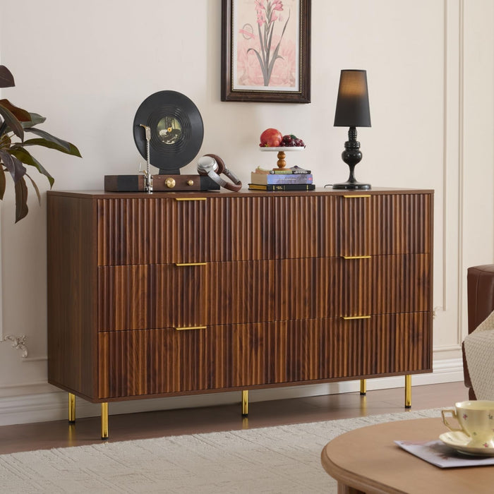 Dark Walnut Fluted 6 Drawers Dresser for Bedroom with Gold Handle