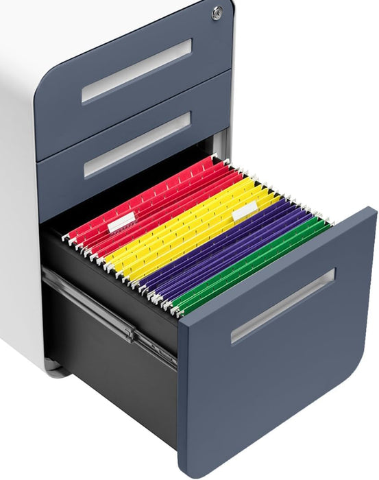 Stockpile 3 Drawer File Cabinet with Lock - under Office Desk Metal Filing Cabinet, Legal/Letter File Folders, Wheels and Stationary Feet, Pre-Assembled, Coastal Blue