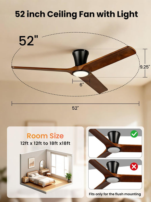 52 Inch Solid Walnut Wooden Ceiling Fan With Remote
