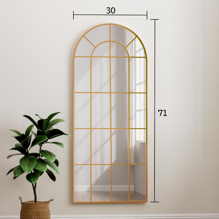 Arched Full Length Mirror 71"X30" Gold Windowpane Floor Mirror