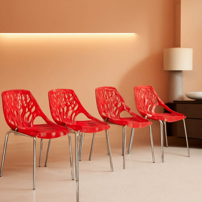 Forest Modern Dining Chair Set of 4 Red, Cut-Out Solid Back, Durable Polypropylene Seat with Chromed Legs, Stackable Contemporary Kitchen and Dining Room Chairs