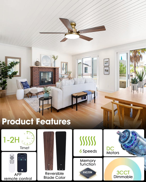 52 Inch Low Profile Gold Ceiling Fan with Lights, Modern Black and Gold Ceiling Fans with Remote/App for Indoor Bedroom, Flush Mount, 12.2'' Large 3CCT LED Light Panel, 6-Speed Quiet DC Motor