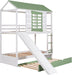 House Bunk Bed with Convertible Slide and Trundle, Solid Wood Bunk Bed Twin over Twin, for Kids Girls Boys (White+Green)