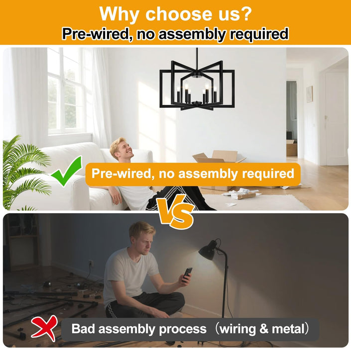 25" Modern Black Chandelier for Dining Room (6-Light, 25-Inch), Geometric Black Dining Room Light Fixture over Table, Industrial Metal Hanging Pendant Lights for Kitchen Island, Entryway, Foyer