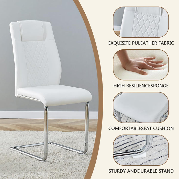 Dining Chairs Set of 4, White Faux Leather with Plated Chrome Metal Frame, Modern Kitchen Chairs with Padded Seat High Back for Dining, Kitchen, Living Room