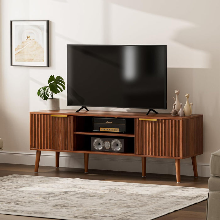 TV Stand for Living Room, Mid Century Modern Entertainment Center for 55/60 Inch Tvs, TV Console with Fluted Door Cabinets and Open Shelves, for Bedroom, Walnut