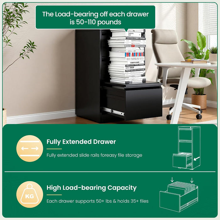 3 Drawer File Cabinet with Lock, Vertical Filing Cabinets for Home Office, Metal Storage Cabinets, Heavy Duty File Cabinet for Letter/Legal/A4/F4 Size Amsseble Required, Black