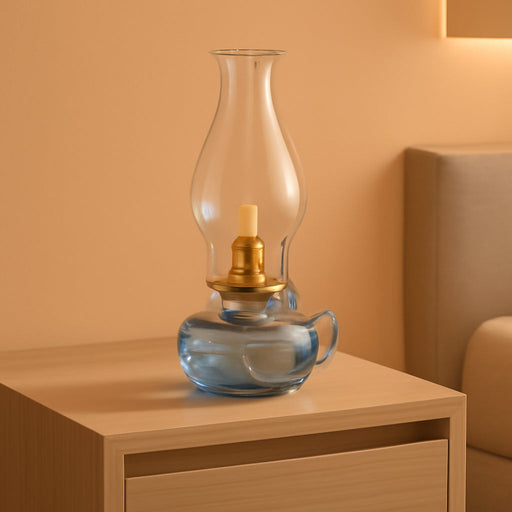 Rustic Oil Lamp for Indoor Use,Large Kerosene Lamp with Handle,2 Pcs Wicks and 1 Tweezers,Vintage Glass Hurricane Lamp for Home Emergency Lighting (Blue)