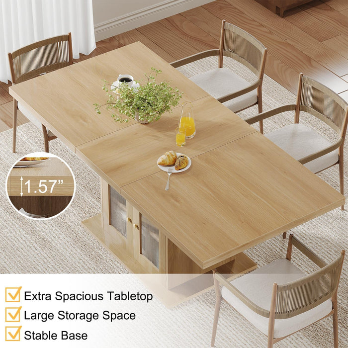 Dining Table for 4–6, 63 Inch Wood Farmhouse Kitchen Table with 3-Tier Storage Shelf and Acrylic Door Cabinet, Rectangular Modern Dining Room Dinner Table for Apartment Home Small Space, Light Oak