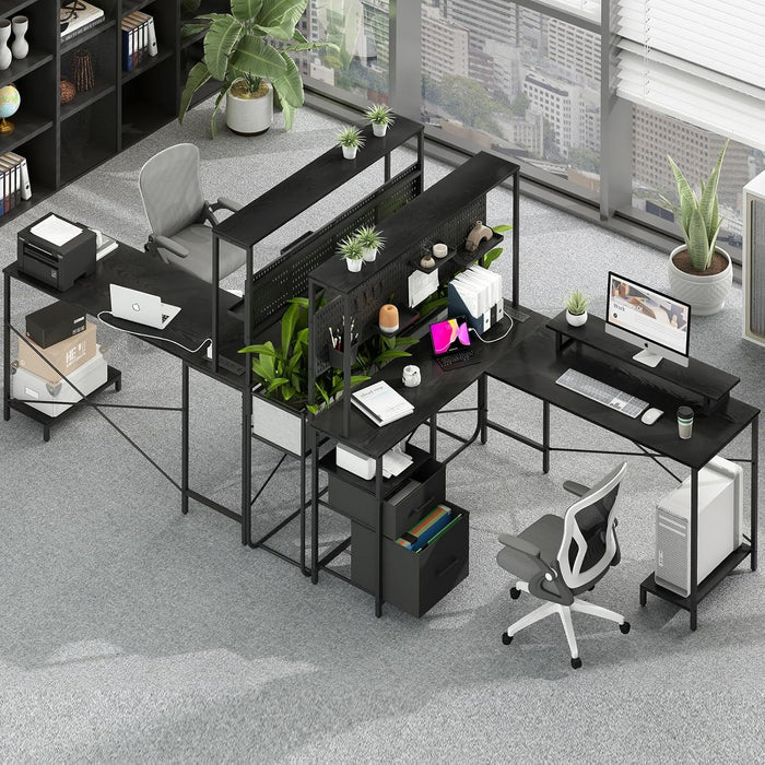 L Shaped Desk with Pegboard, Reversible Computer Desk with Drawers & Storage Shelves, Gaming Desk with LED Lights & Power Outlets, Office Desk with Monitor Stand Corner Desk Home Office Desks