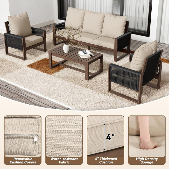 4 Piece Patio Furniture Set, Wooden Outdoor Furniture Conversation Set with Coffee Table, Modern PE Wicker Patio Chairs Conversation Sets with Sofa for Garden, Terrace, Porch, Balconies, Lawns