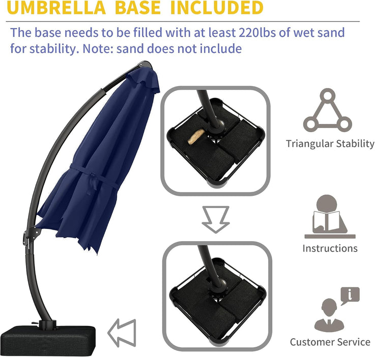 11Ft Offset Cantilever Patio Umbrella with Solar Lights, Large round Outdoor Umbrella with Base Included, Aluminum Frame, 360° Rotation & Infinite Tilt for Deck Pool Backyard, Navy Blue
